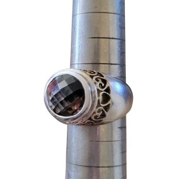 925 Sterling Silver 2-Tone Ring Large Faceted Smoky Topaz Gold Plated hearts 8 - Picture 11 of 14